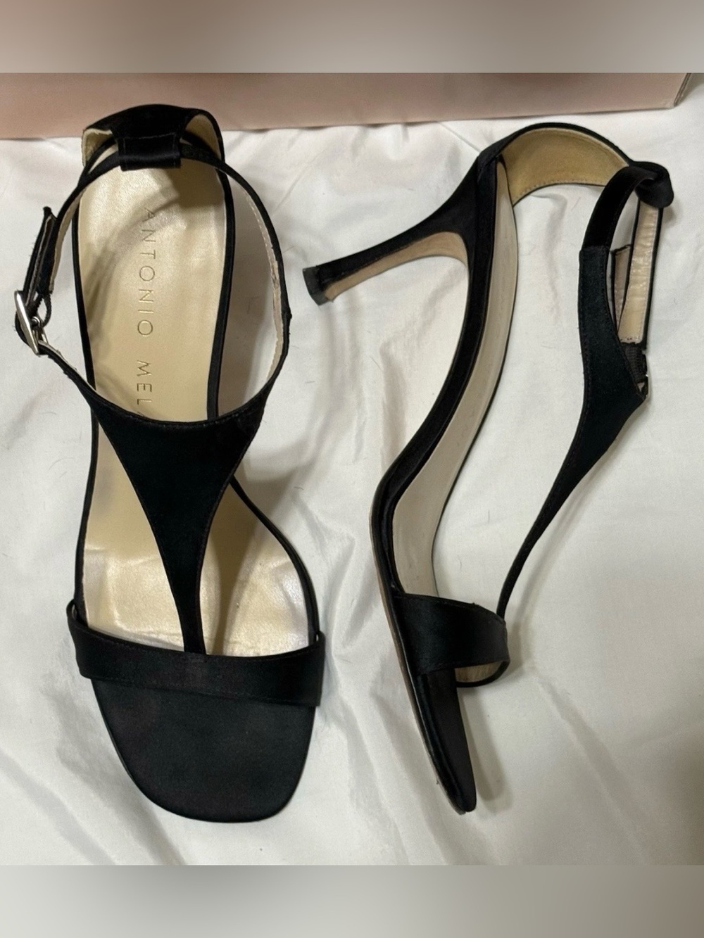 Antonio Melani black fabric Vanity T-strap heels sandals shoes